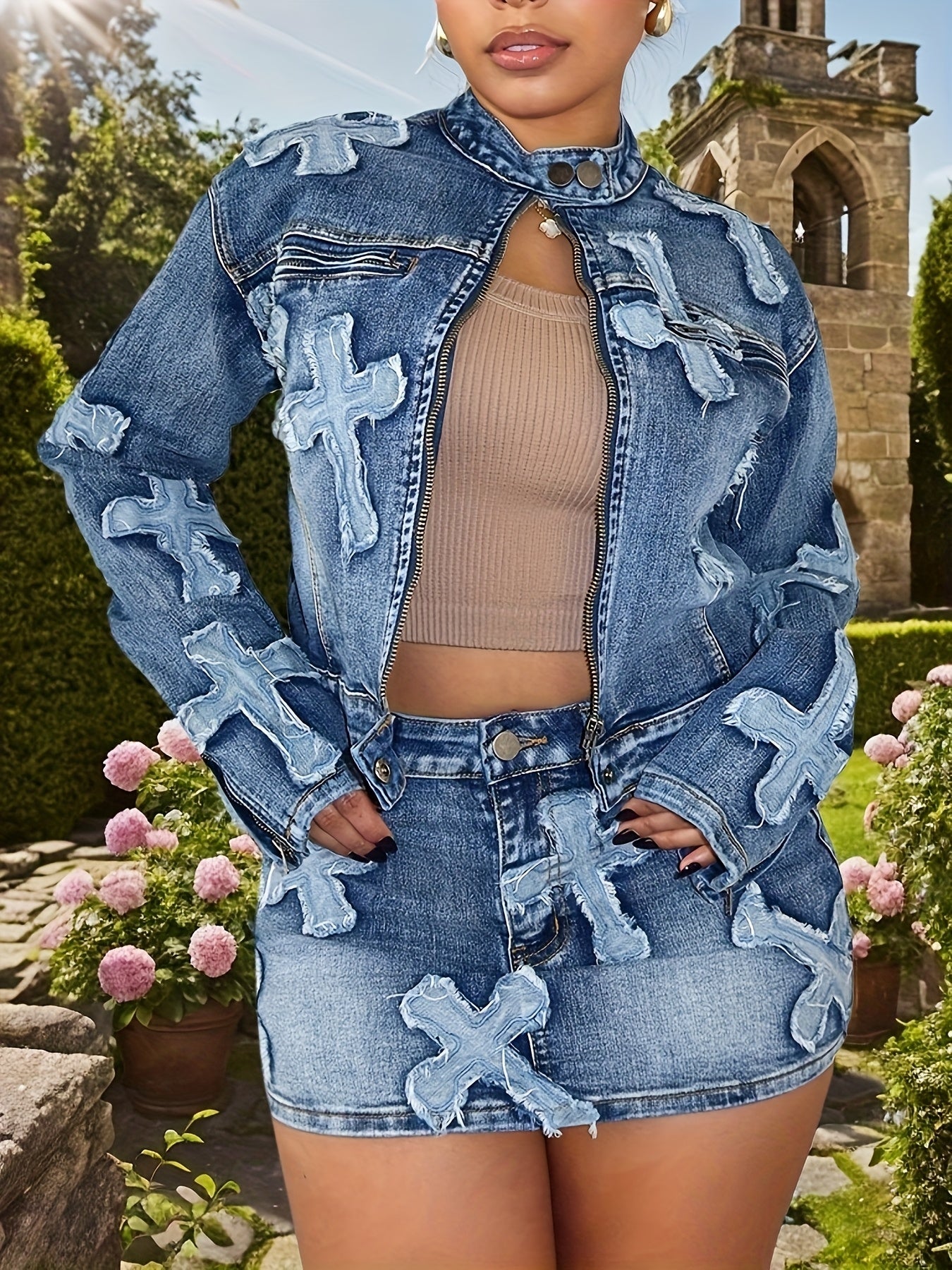 Skirt Sets Women 2pcs Outfits Denim Long Sleeve Full Zip Embroidery Crop Jean Jacket Mini Skirt Set